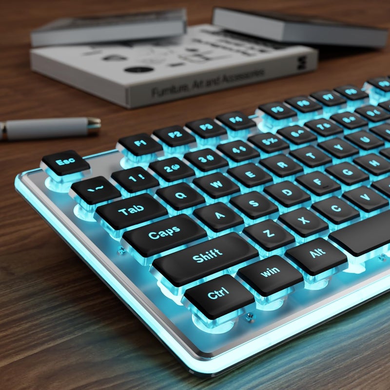 SEUNKWANG EWEADN GX710S Backlit Computer Keyboards, Wired USB Keyboard with Blue Backlit, Metal Panel, Plug and Play, Pudding Keycaps Full Size Quite Computer Keyboard for Win/PC/Laptop-Black - Image 1